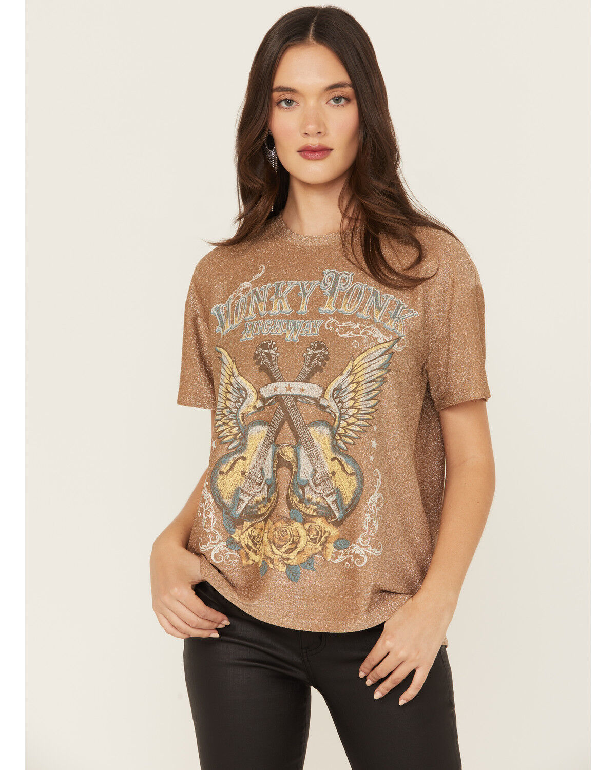 Image #1 - Blended Women's Honky Tonk Shimmer Short Sleeve Graphic Tee, Brown, hi-res