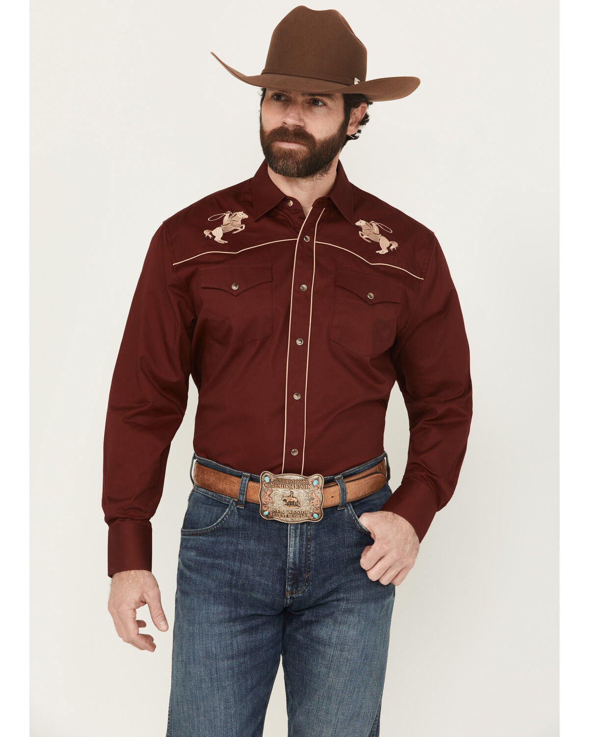 Rodeo Clothing Men's Embroidered Long Sleeve Snap Western Shirt, Burgundy, hi-res