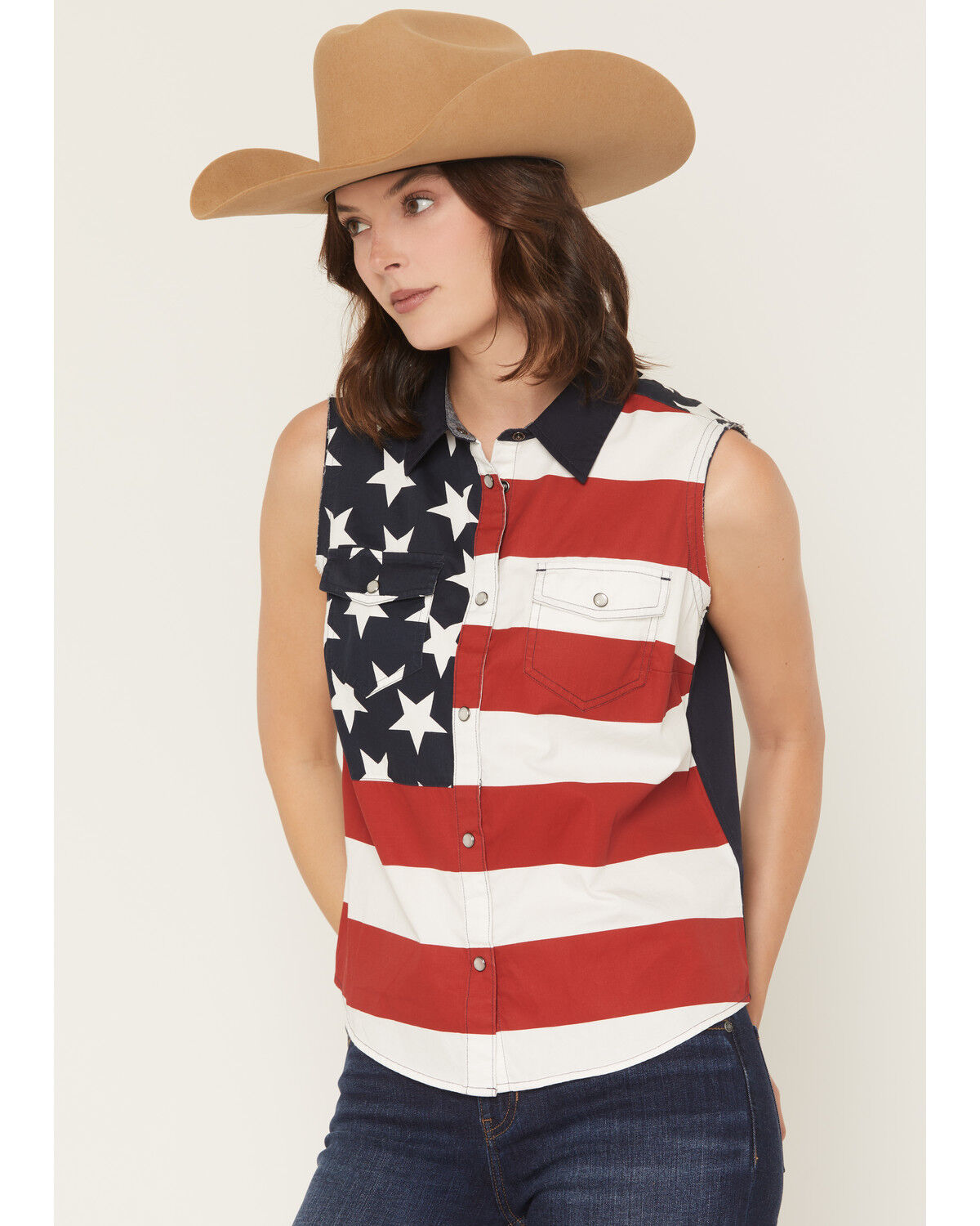 Image #2 - Shyanne Women's Americana Print Bubba Sleeveless Snap Western Shirt, Red, hi-res