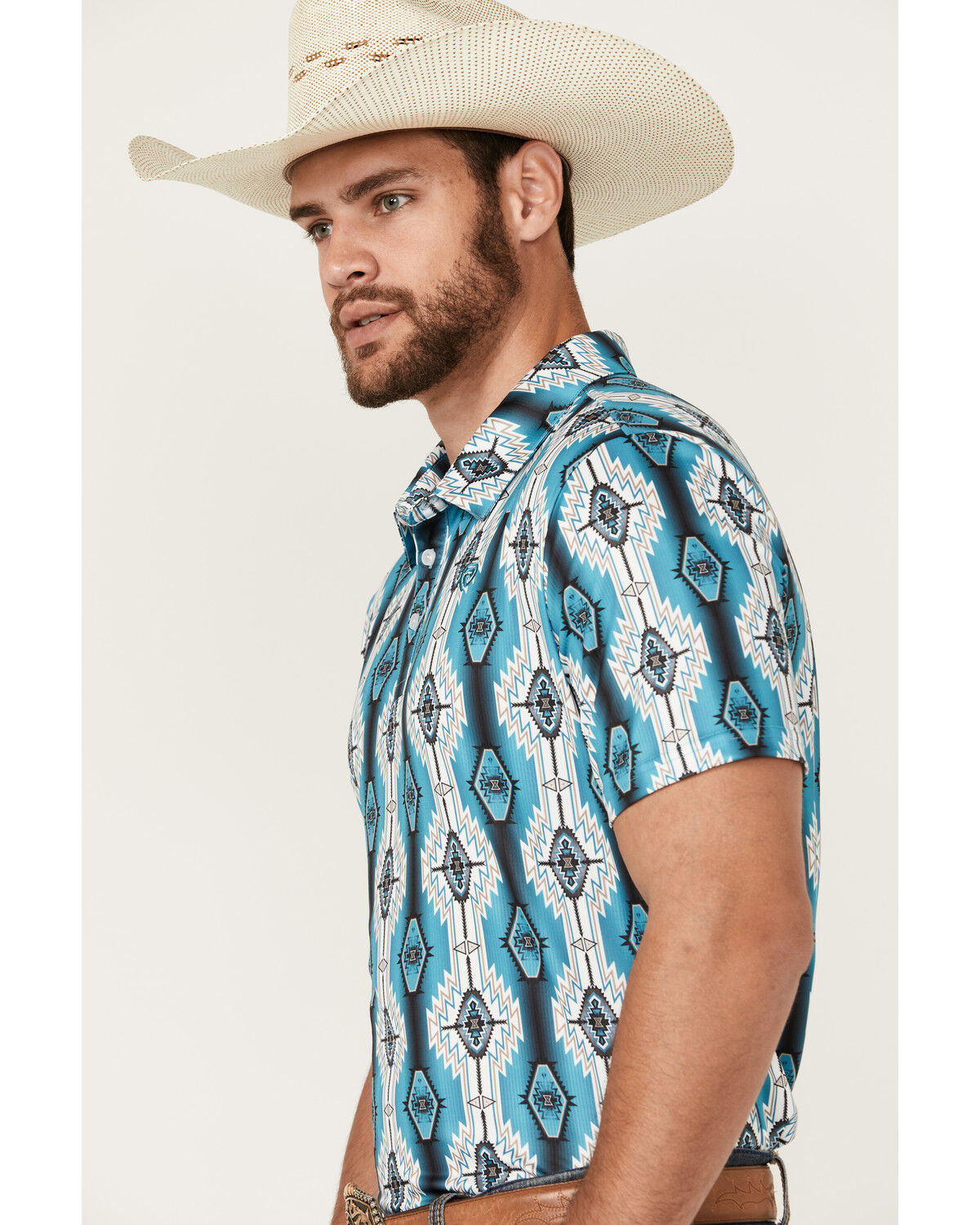 Image #2 - Rock & Roll Denim Men's Southwestern Print Short Sleeve Polo Shirt, Turquoise, hi-res