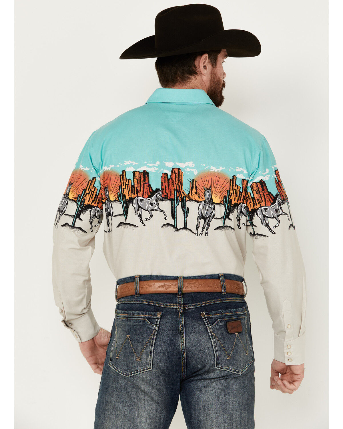 Image #4 - Panhandle Men's Desert Border Long Sleeve Pearl Snap Western Shirt, Turquoise, hi-res