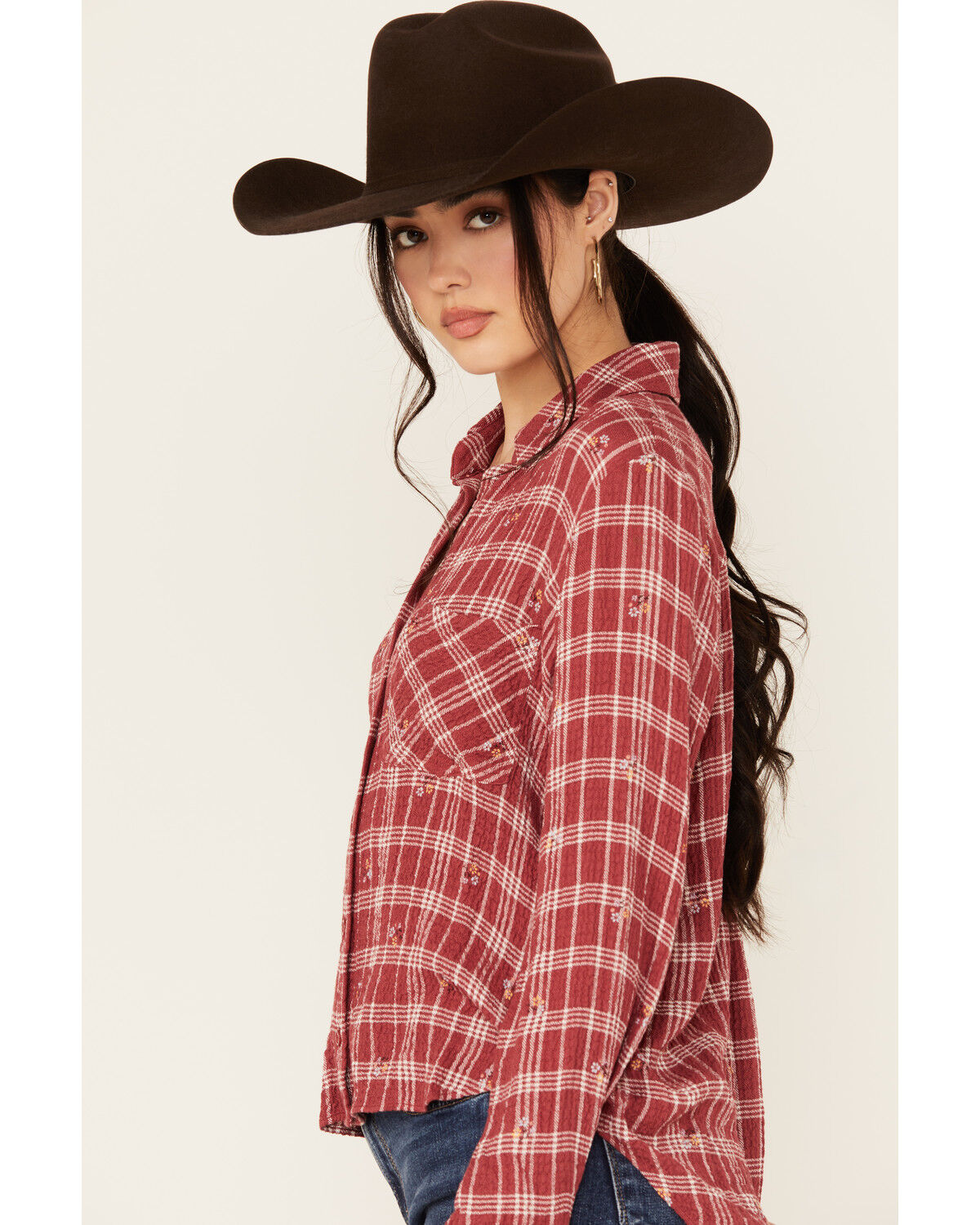Image #2 - Beyond The Radar Women's Plaid Print Floral Long Sleeve Button-Down Shirt, Burgundy, hi-res