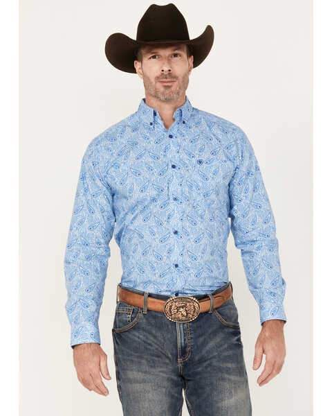 Ariat Men's Phineas Tonal Paisley Print Long Sleeve Button-Down Western Shirt, Blue, hi-res