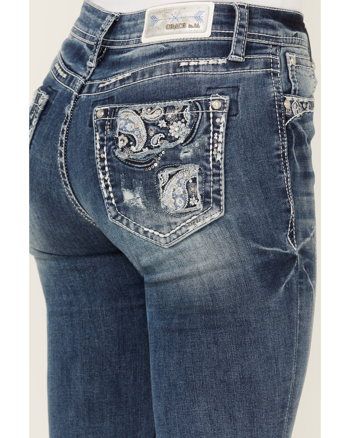 Image #2 - Grace In LA Women's Medium Wash Paisley Pocket Mid Rise Stretch Denim Jeans, Medium Wash, hi-res
