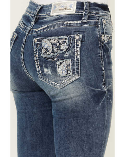 Image #2 - Grace In LA Women's Medium Wash Paisley Pocket Mid Rise Stretch Denim Jeans , Medium Wash, hi-res