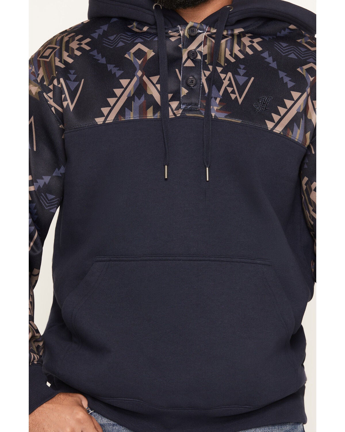 Image #3 - Hooey Men's Jimmy Southwestern Block Print Hooded Pullover, Navy, hi-res