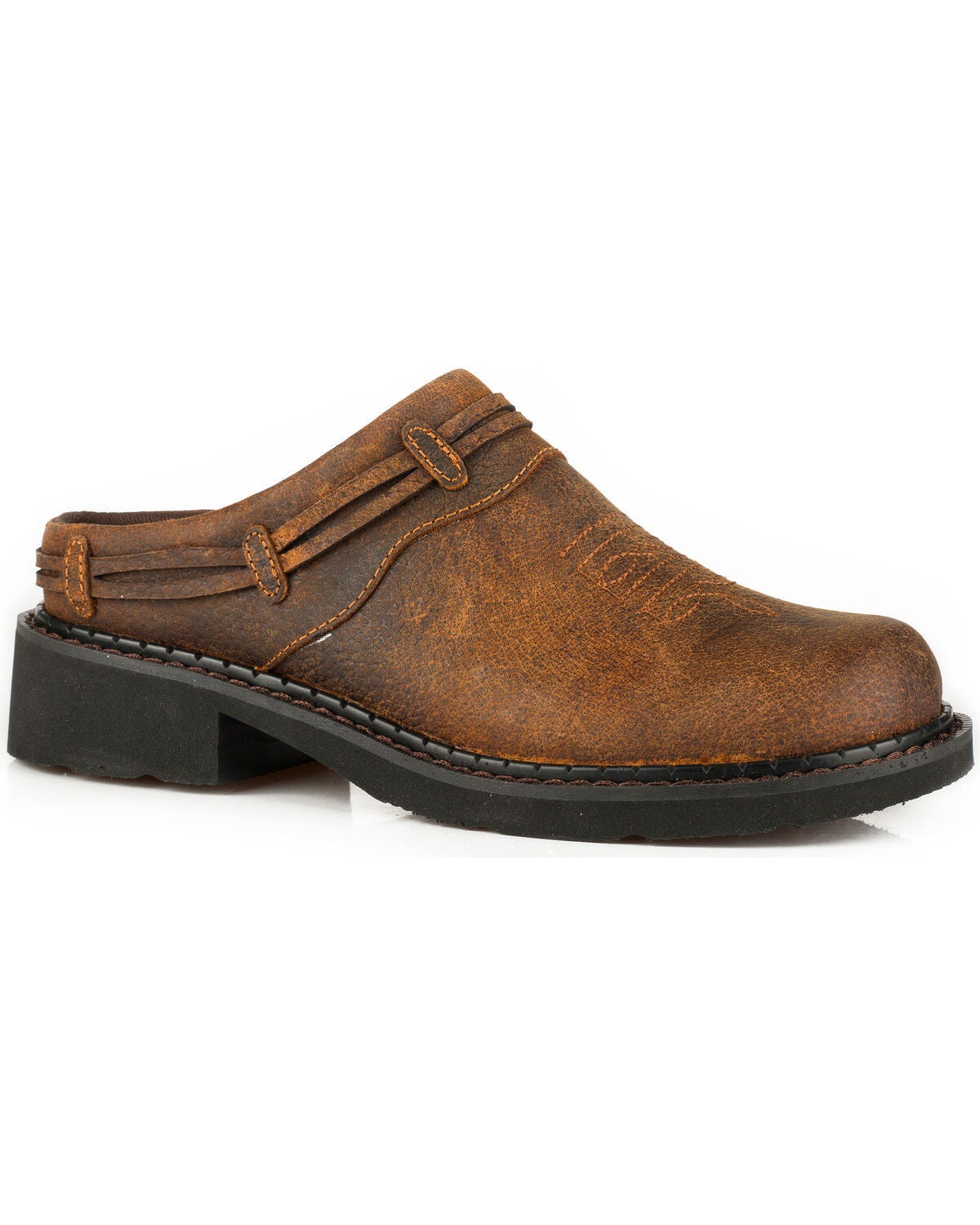 Roper Women's Laces Brown Crazy Horse Leather Slip-On Mules - Round Toe, Brown, hi-res
