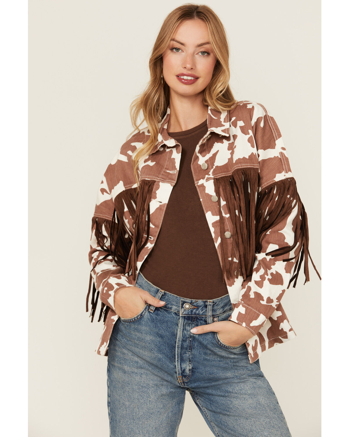 Image #1 - Saints & Hearts Women's Cow Print Tassel Jacket, Brown, hi-res