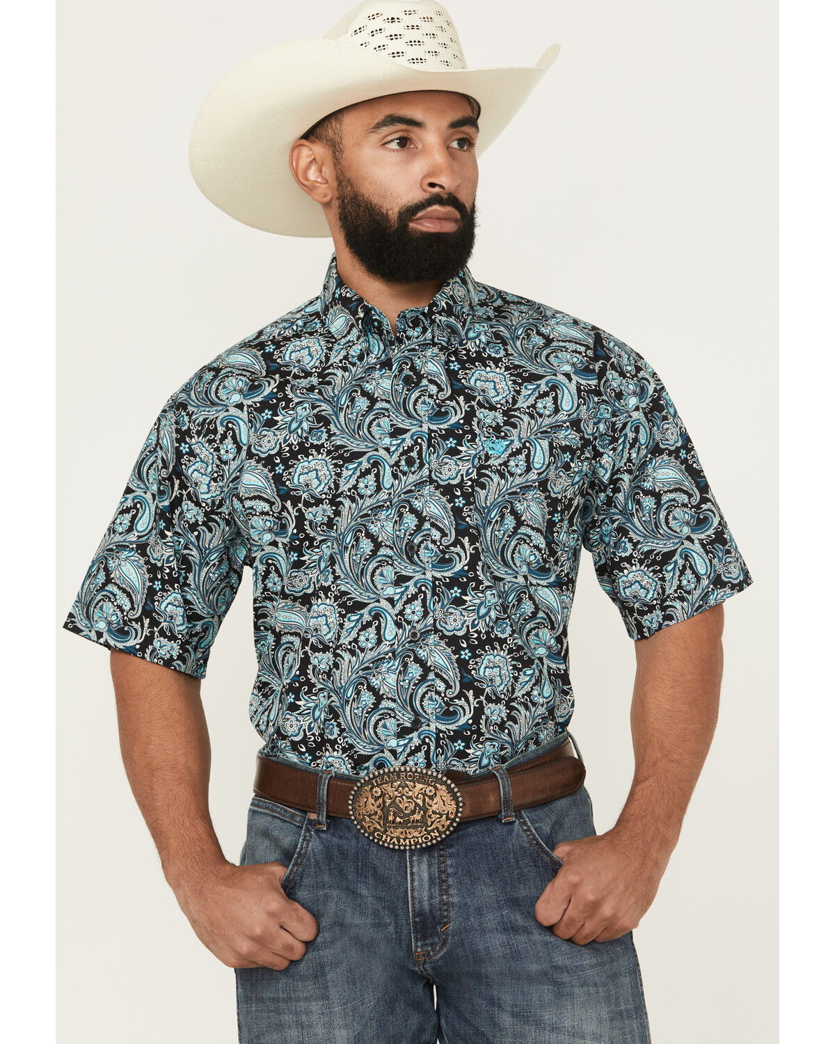 Image #1 - Cinch Men's Paisley Print Short Sleeve Button-Down Western Shirt, Black, hi-res