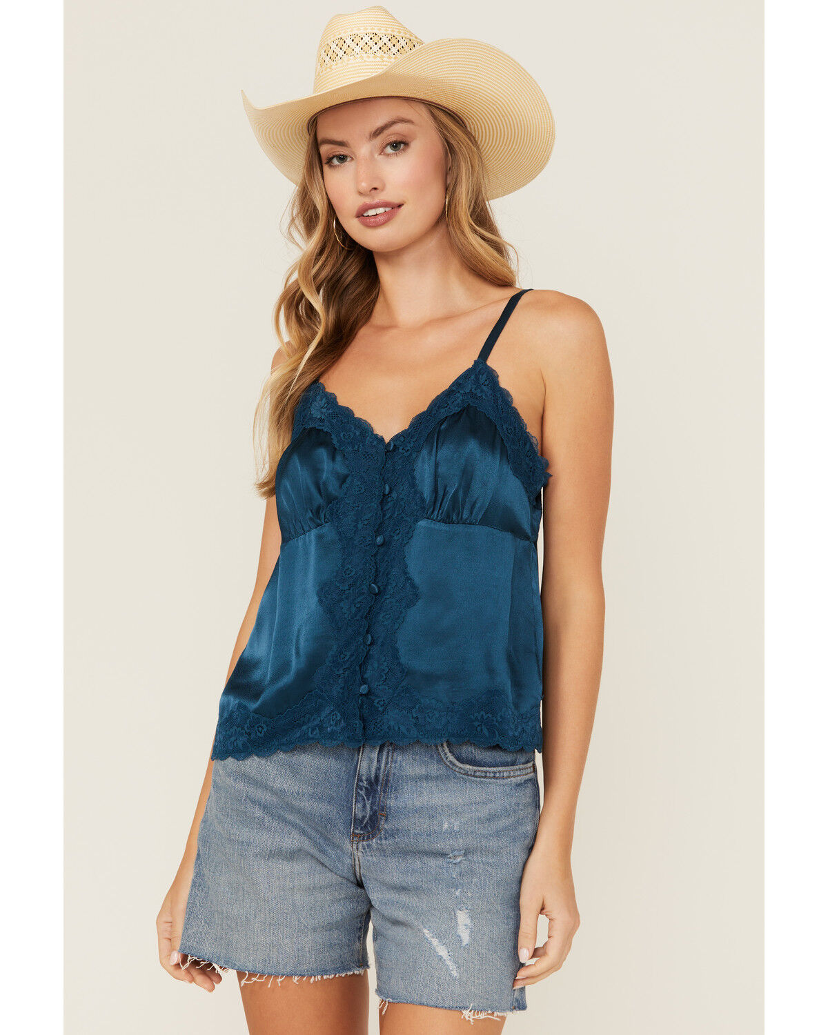 Image #1 - Shyanne Women's Lace Trim Satin Cami, Dark Blue, hi-res