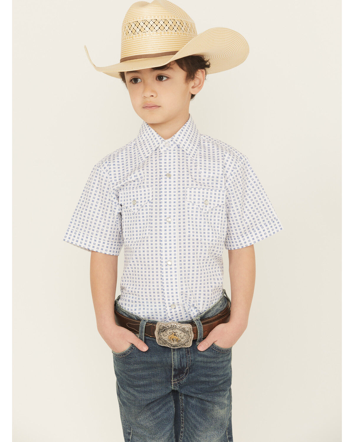 Image #1 - Ely Walker Boys' Geo Print Short Sleeve Snap Western Shirt, White, hi-res