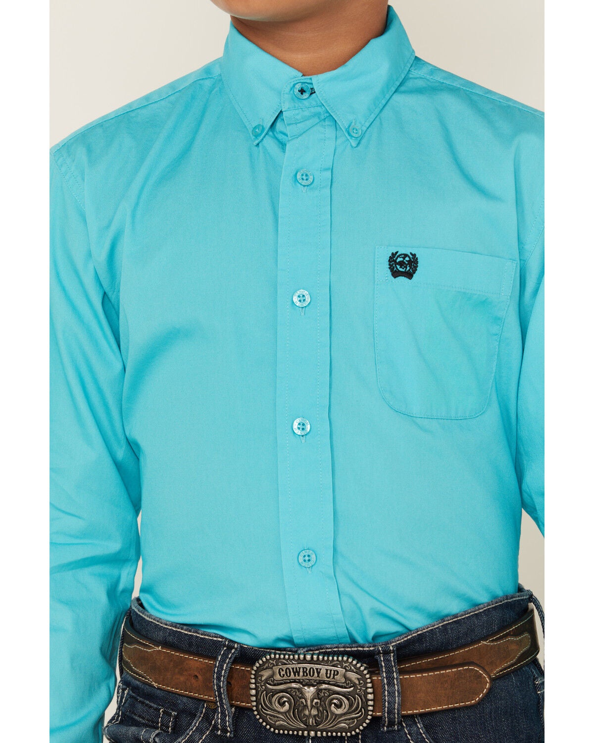 Image #3 - Cinch Boys' Solid Long Sleeve Button-Down Western Shirt, Turquoise, hi-res