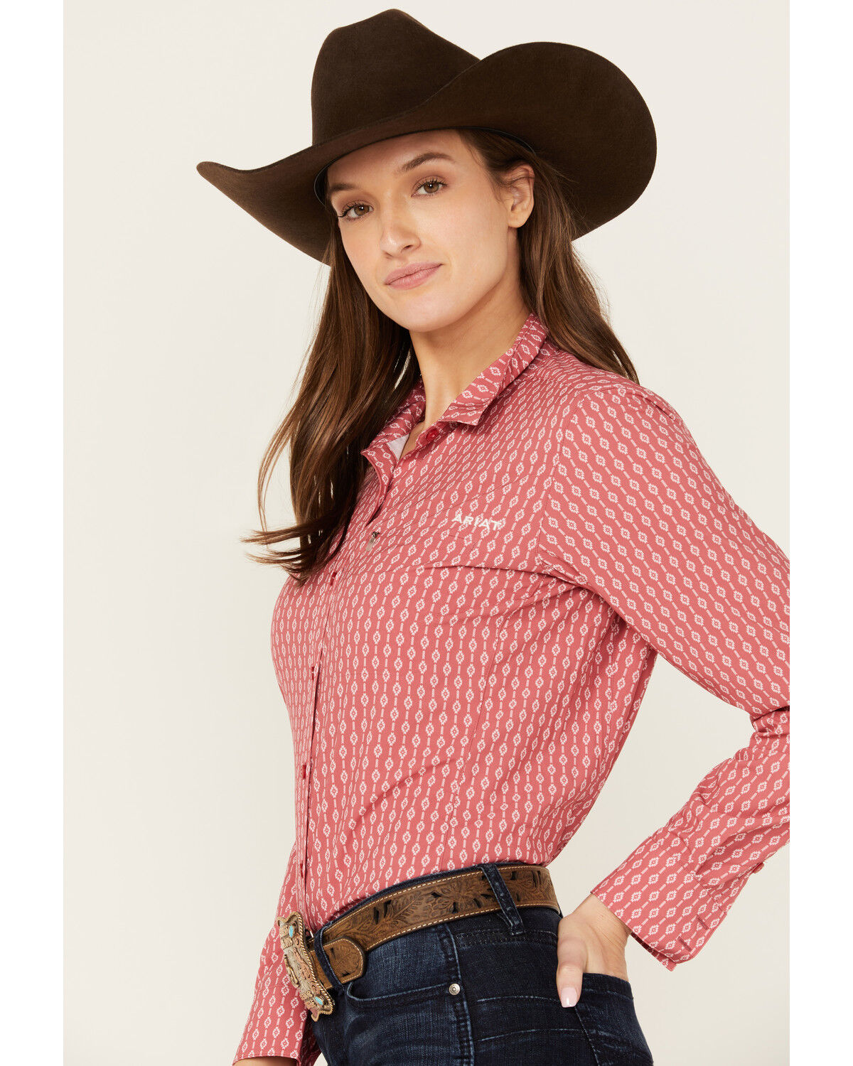 Image #2 - Ariat Women's Southwestern Striped VentTek Long Sleeve Button-Down Western Shirt, Red, hi-res