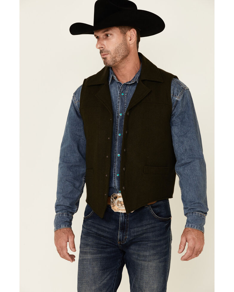 Cripple Creek Men's Olive CC Wool Snap-Front Collared Vest , Olive, hi-res