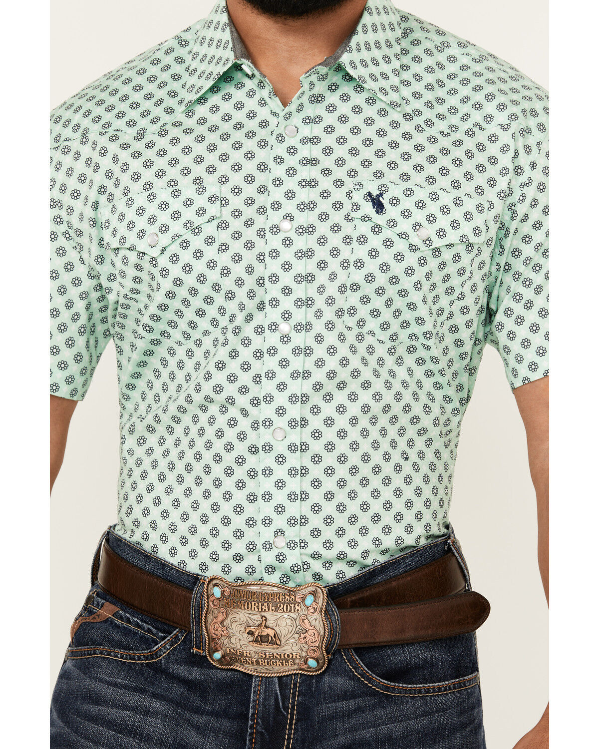 Image #3 - Rodeo Clothing Men's Boot Barn Exclusive Geo Print Short Sleeve Snap Western Shirt, Sage, hi-res