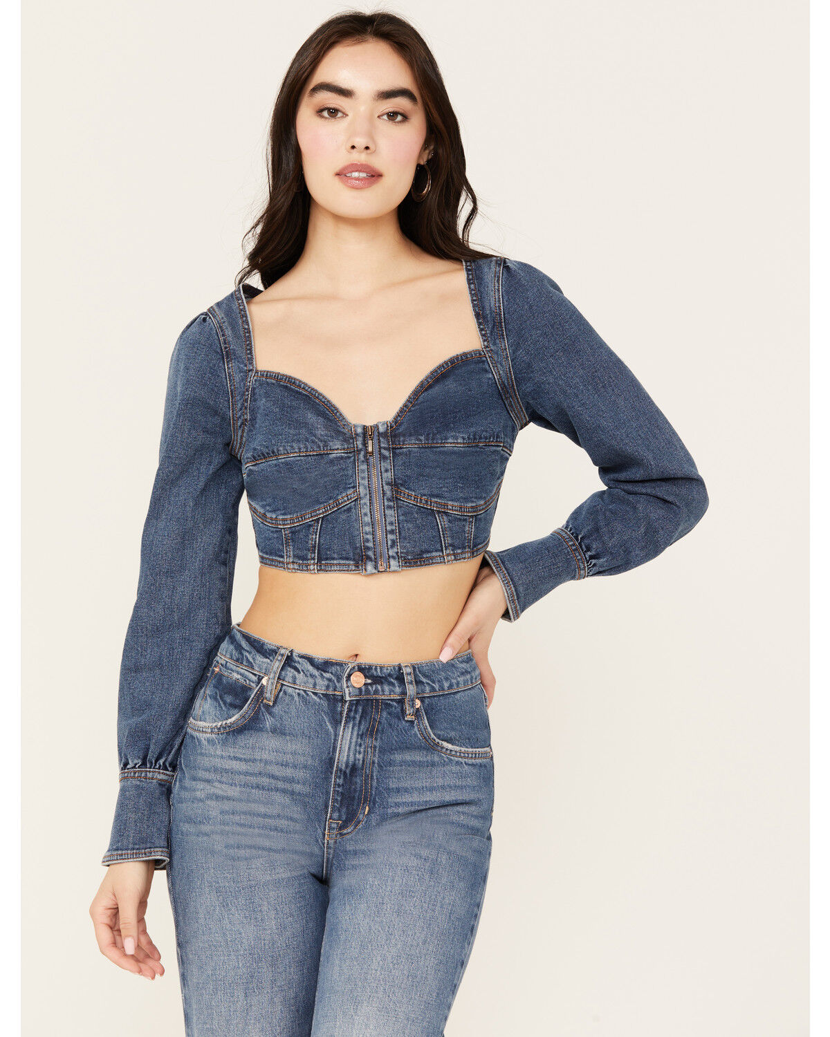 Image #2 - Shyanne Women's Medium Wash Denim Cropped Long Sleeve Corset Top, Dark Medium Wash, hi-res