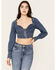 Image #2 - Shyanne Women's Medium Wash Denim Cropped Long Sleeve Corset Top, Dark Medium Wash, hi-res