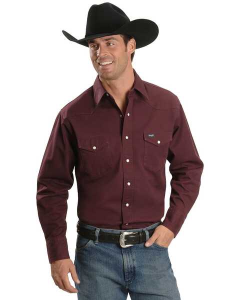 Wrangler Men's Solid Cowboy Cut Firm Finish Long Sleeve Work Shirt, Burgundy, hi-res