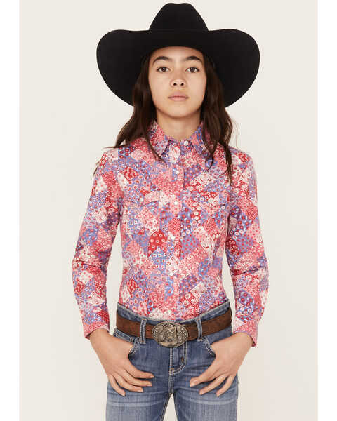Panhandle Girls' Patchwork Print Long Sleeve Pearl Snap Western Shirt, Pink, hi-res
