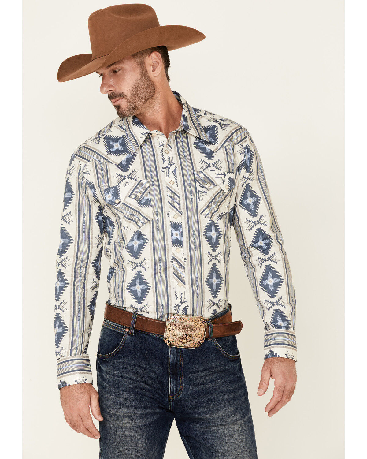 Image #1 - Rock & Roll Denim Men's Navy Southwestern Print Long Sleeve Snap Western Shirt, Navy, hi-res