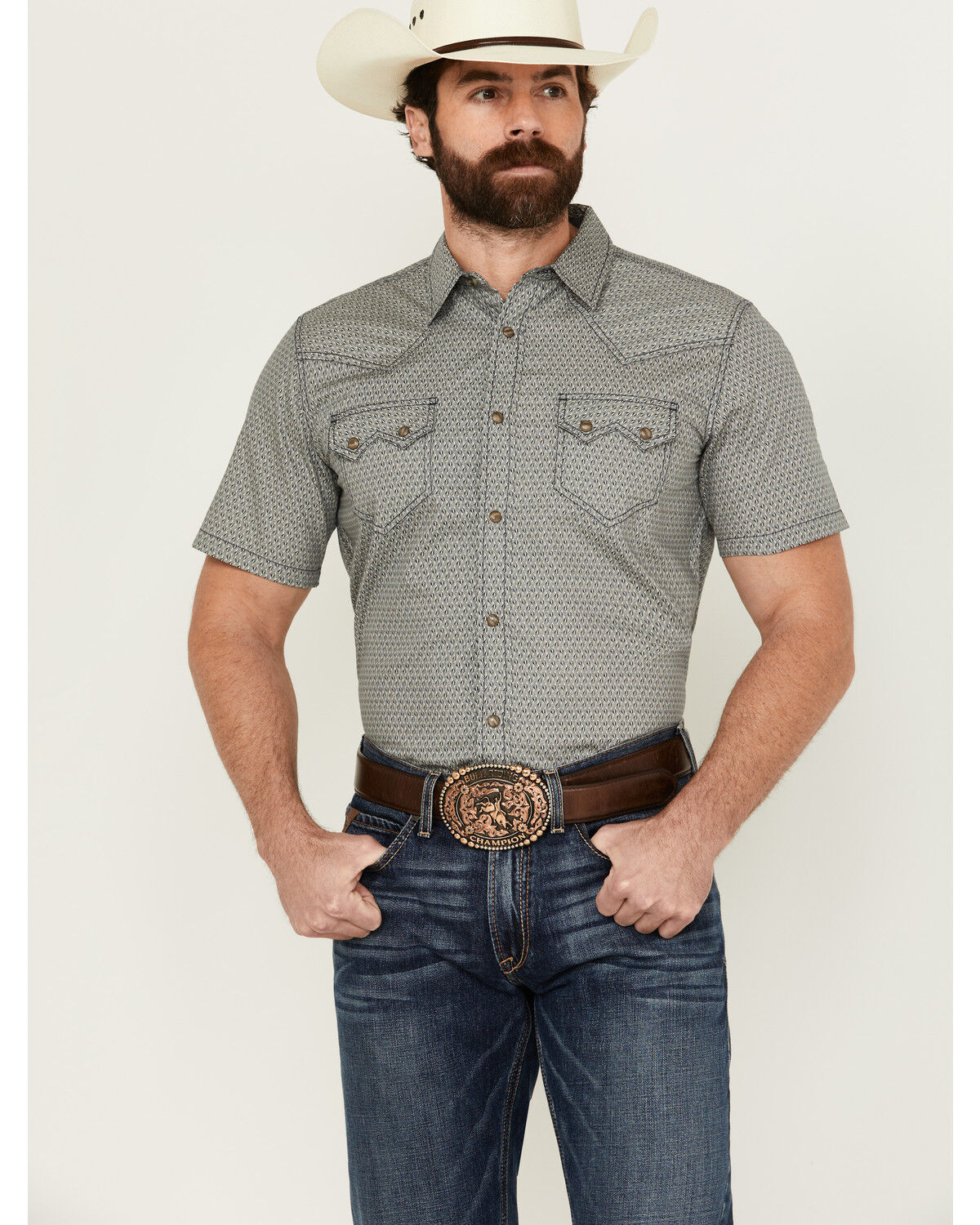 Image #1 - Cody James Men's Ziggy Geo Print Short Sleeve Snap Western Shirt, Ivory, hi-res