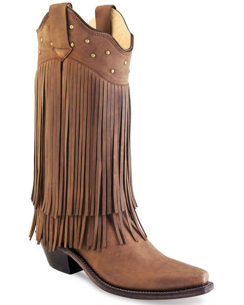Old West Women's Fringe Western Boots - Snip Toe, Brown, hi-res