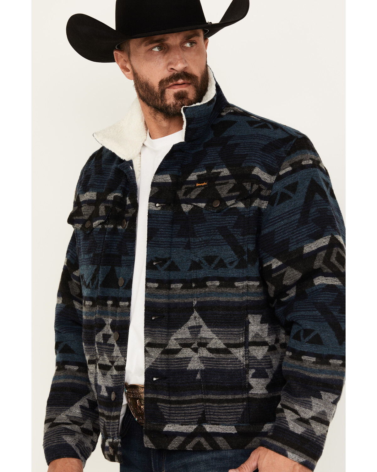 Image #2 - Wrangler Men's Southwestern Print Sherpa Lined Jacket, Navy, hi-res