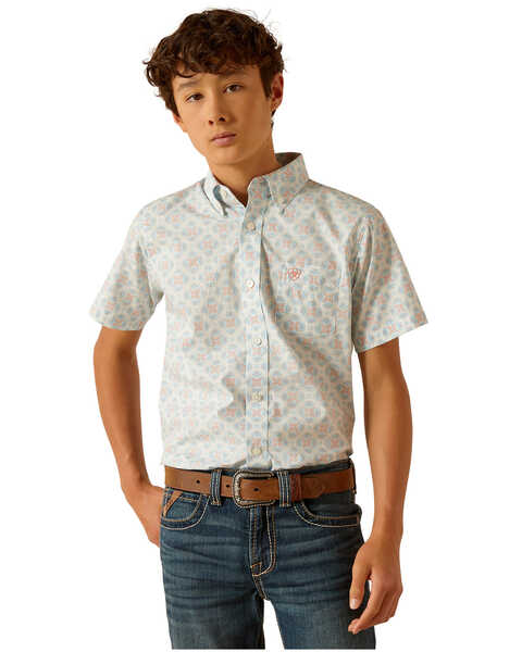 Ariat Boys' Kai Short Sleeve Button-Down Western Shirt , Aqua, hi-res