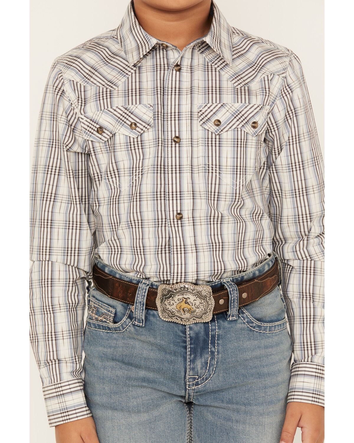 Image #3 - Cody James Boys' Plaid Print Long Sleeve Snap Western Shirt, White, hi-res