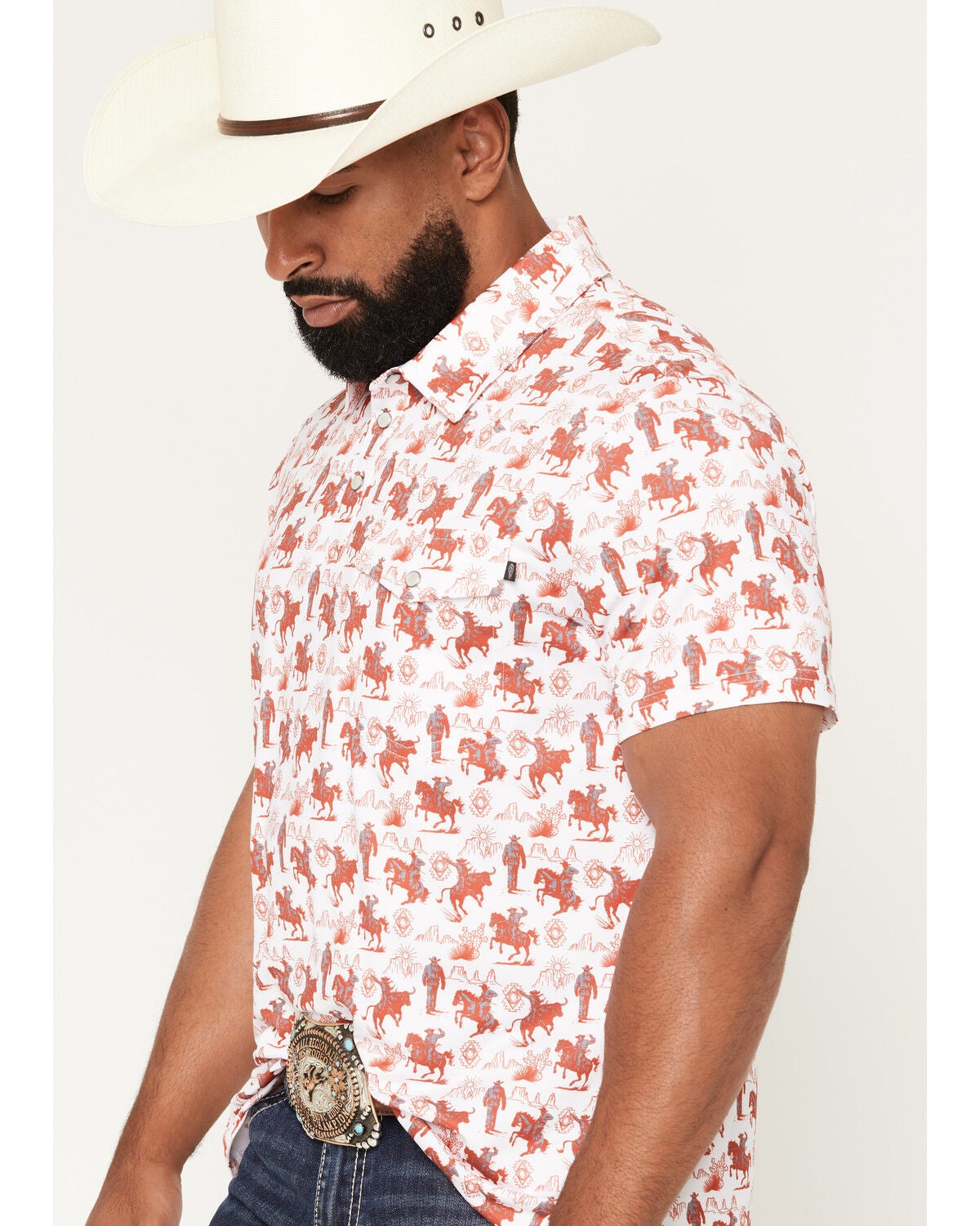 Image #2 - Rock & Roll Denim Men's Game Day Short Sleeve Snap Polo, White, hi-res