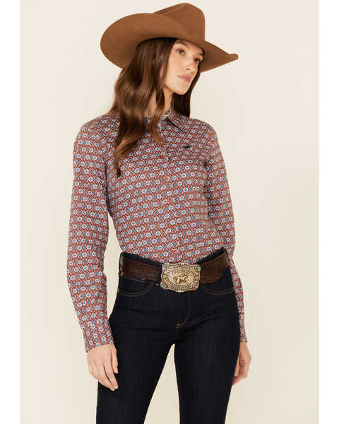 Cinch Women's Geo Print Long Sleeve Button Down Western Core Shirt , Rust Copper, hi-res