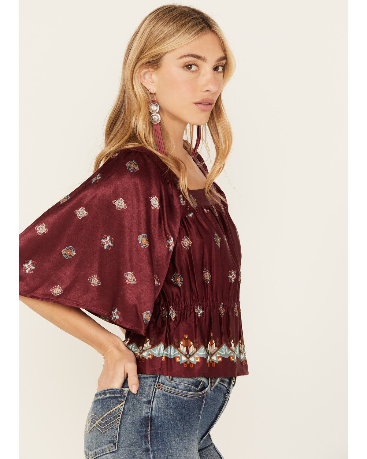 Image #2 - Shyanne Women's Satin Butterfly Sleeve Top, Maroon, hi-res