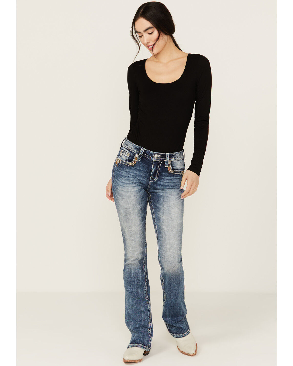 Image #3 - Miss Me Women's Medium Wash Faux Flap Leaf Pocket Mid Rise Bootcut Stretch Denim Jeans, , hi-res