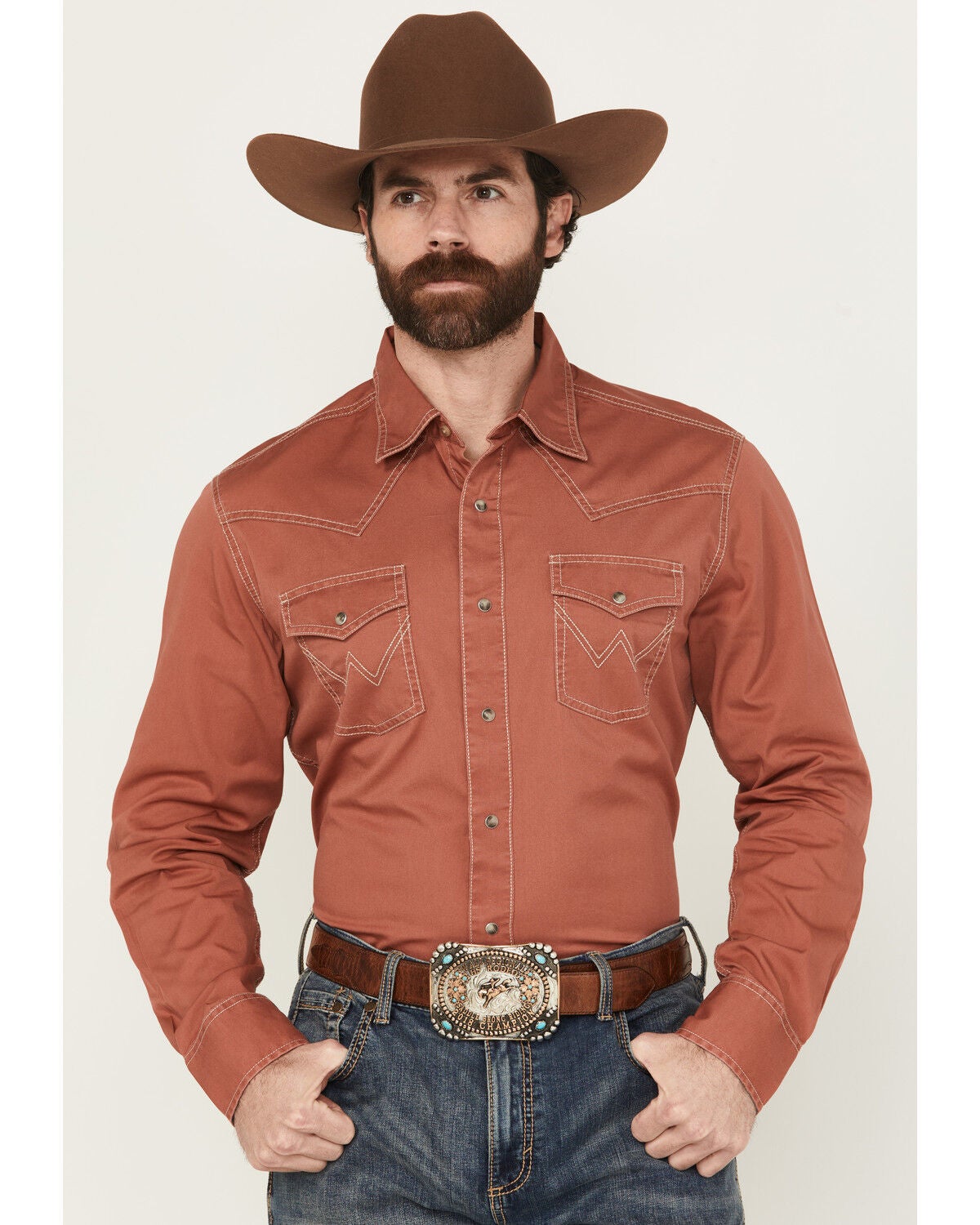 Wrangler Retro Men's Solid Long Sleeve Snap Western Shirt, Rust Copper, hi-res