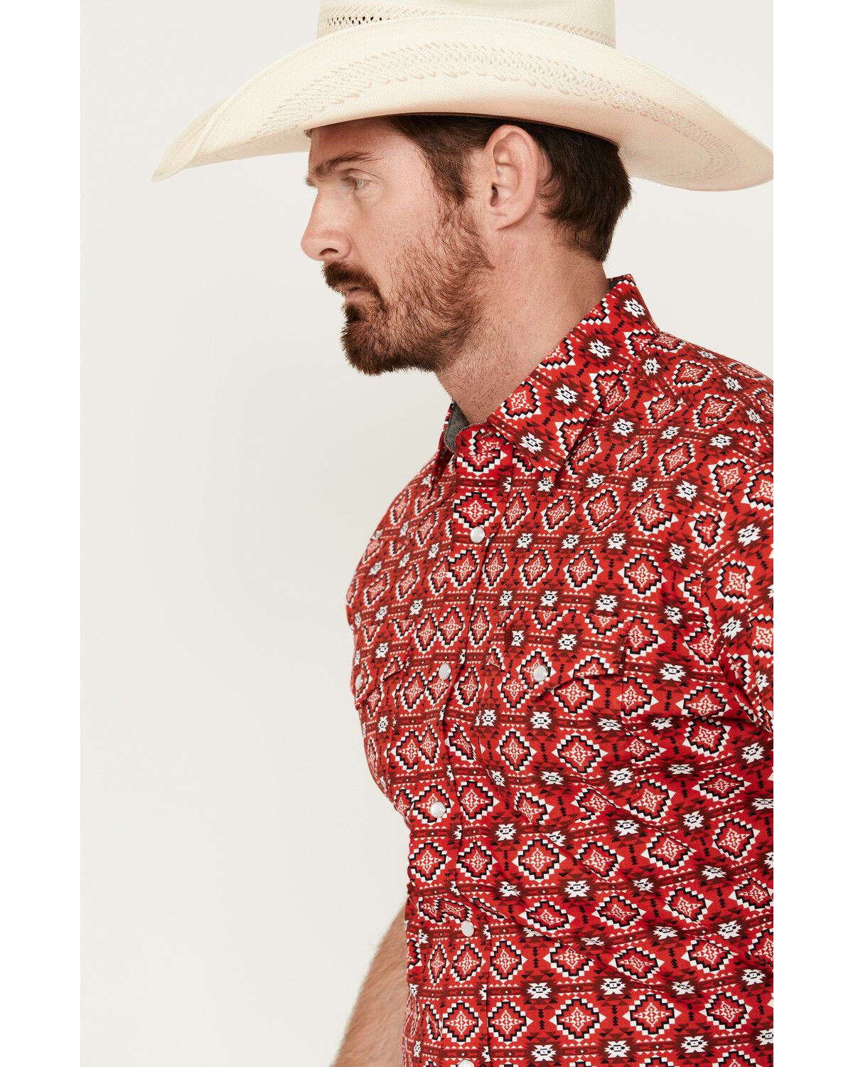 Image #2 - Rodeo Clothing Men's Southwestern Print Short Sleeve Pearl Snap Stretch Western Shirt, Red, hi-res