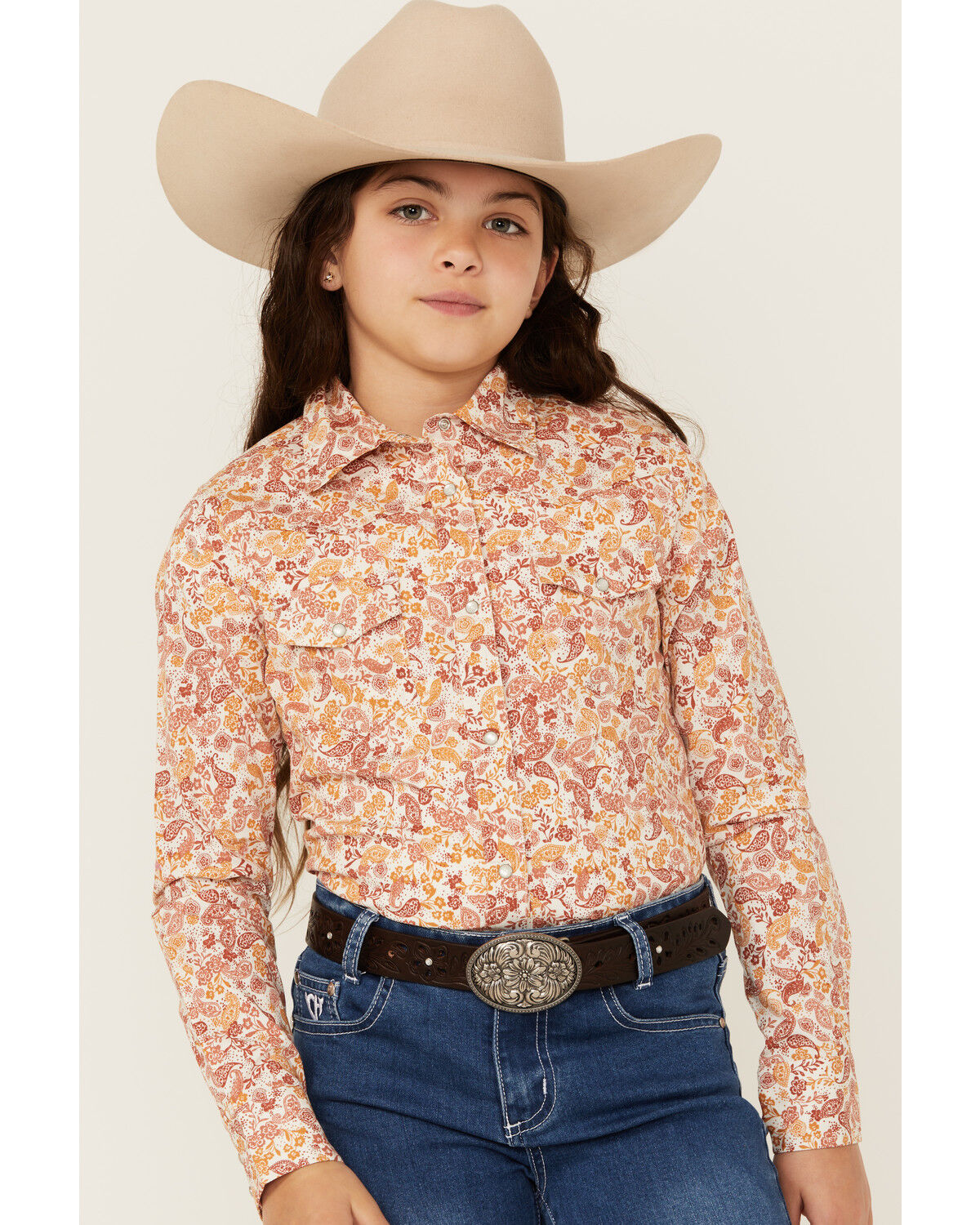 Image #1 - Shyanne Girls' Ash Floral Print Long Sleeve Pearl Snap Stretch Western Shirt, Gold, hi-res