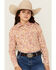 Image #1 - Shyanne Girls' Ash Floral Print Long Sleeve Pearl Snap Stretch Western Shirt, Gold, hi-res