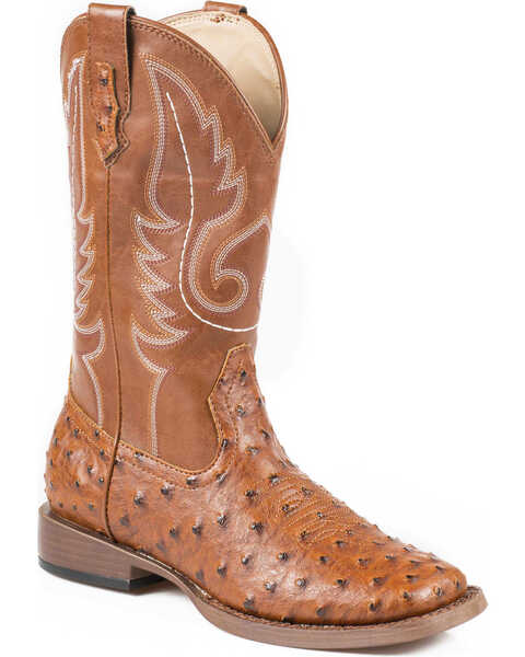Roper Women's Faux Ostrich Leather Western Boots - Broad Square Toe, Tan, hi-res