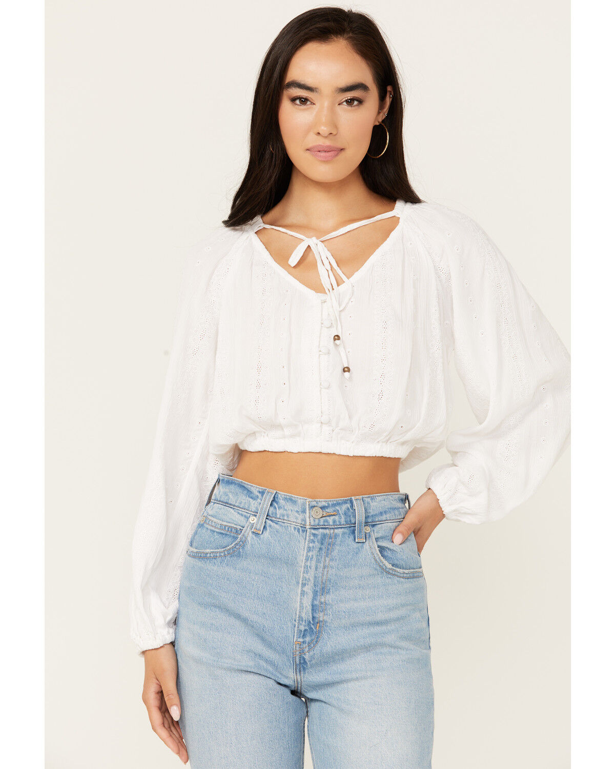 Image #1 - Angie Women's Tie Front Peasant Top, Ivory, hi-res