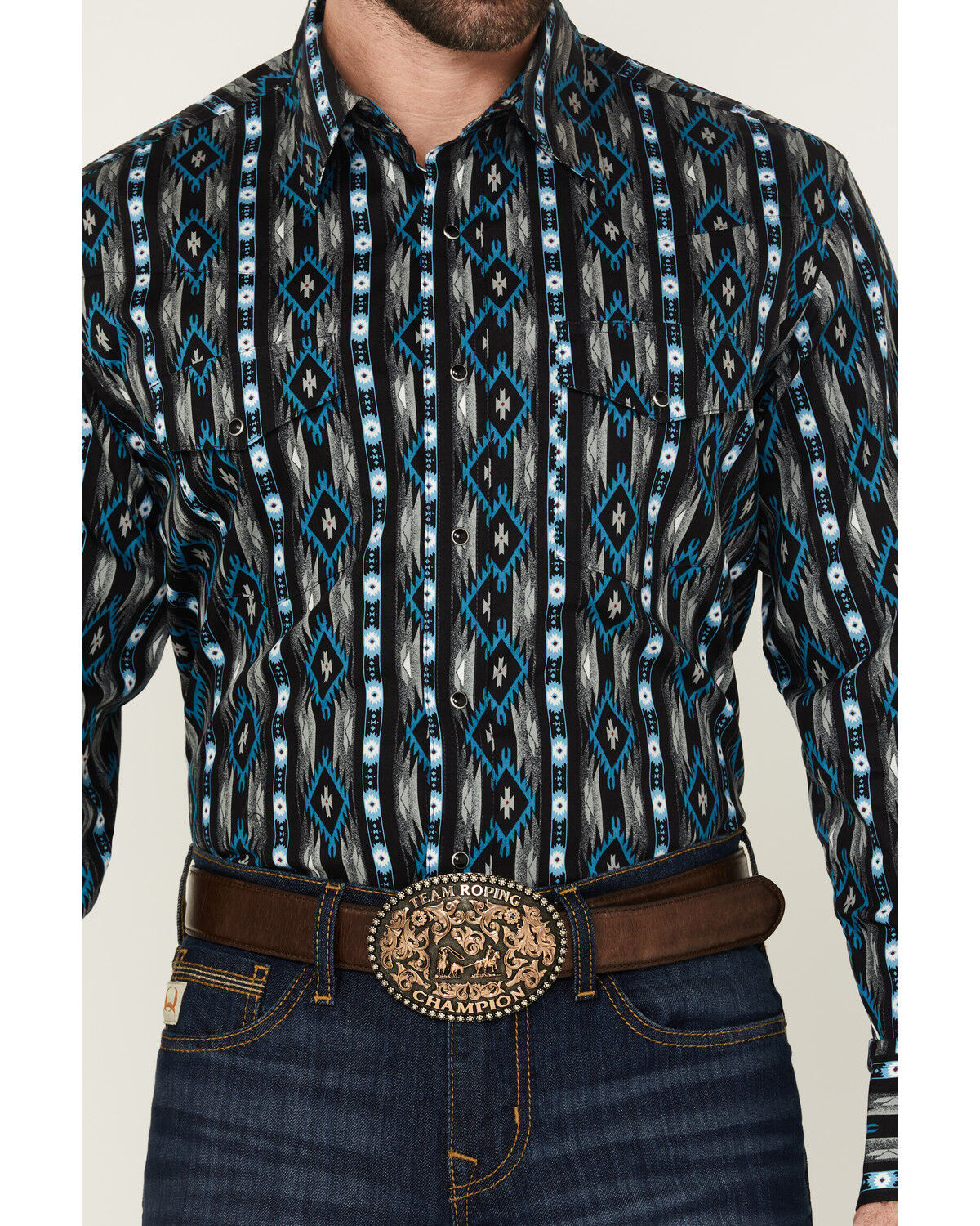 Image #3 - Wrangler Men's Checotah Southwestern Striped Long Sleeve Pearl Snap Western Shirt, Black, hi-res