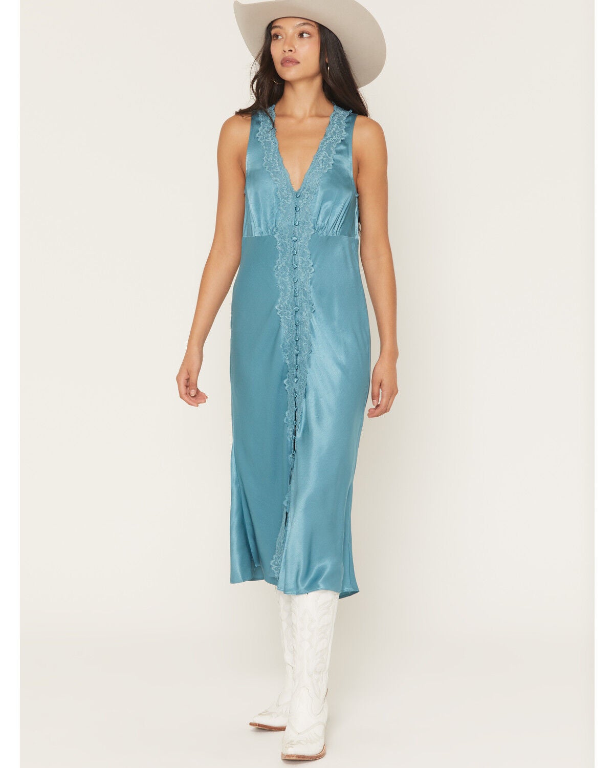 Shyanne Women's Satin Lace Trim Sleeveless Button-Down Midi Dress, Turquoise, hi-res