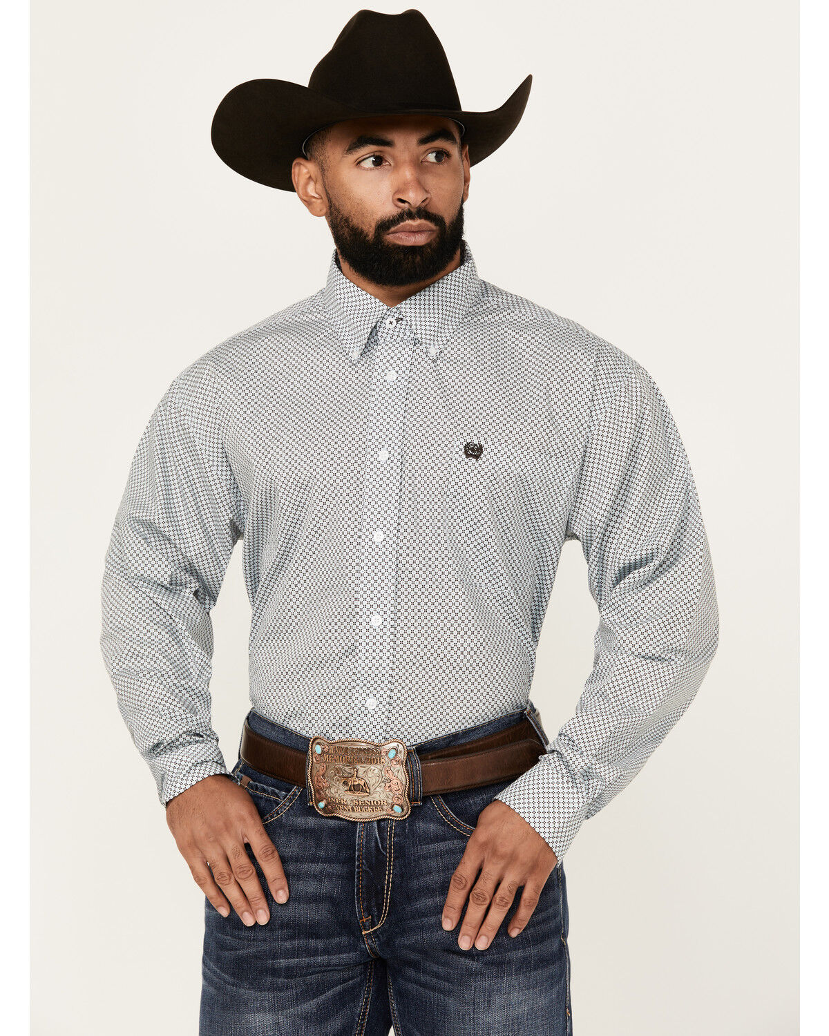 Image #1 - Cinch Men's Micro Geo Print Long Sleeve Button-Down Western Shirt, Aqua, hi-res