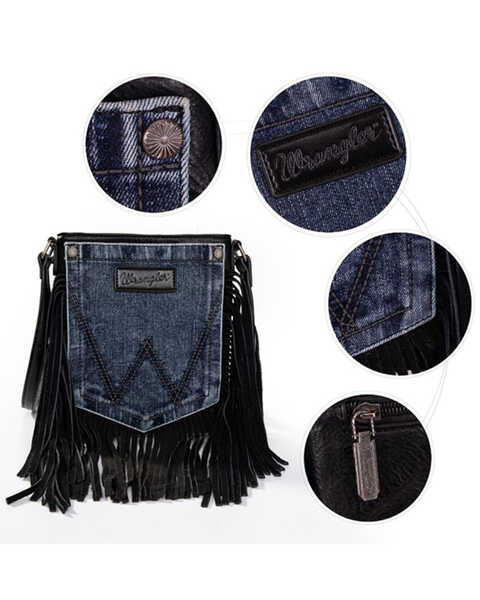 Image #2 - Wrangler Women's Wrangler Jean Denim Pocket Fringe Crossbody Bag, Black, hi-res