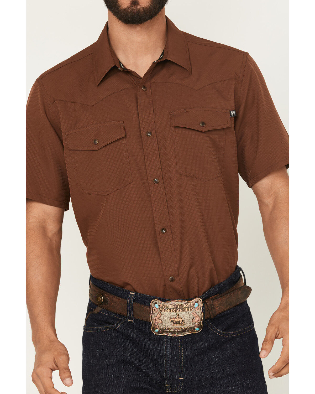 Image #3 - RANK 45® Men's Ridge Solid Short Sleeve Snap Performance Shirt, Rust Copper, hi-res