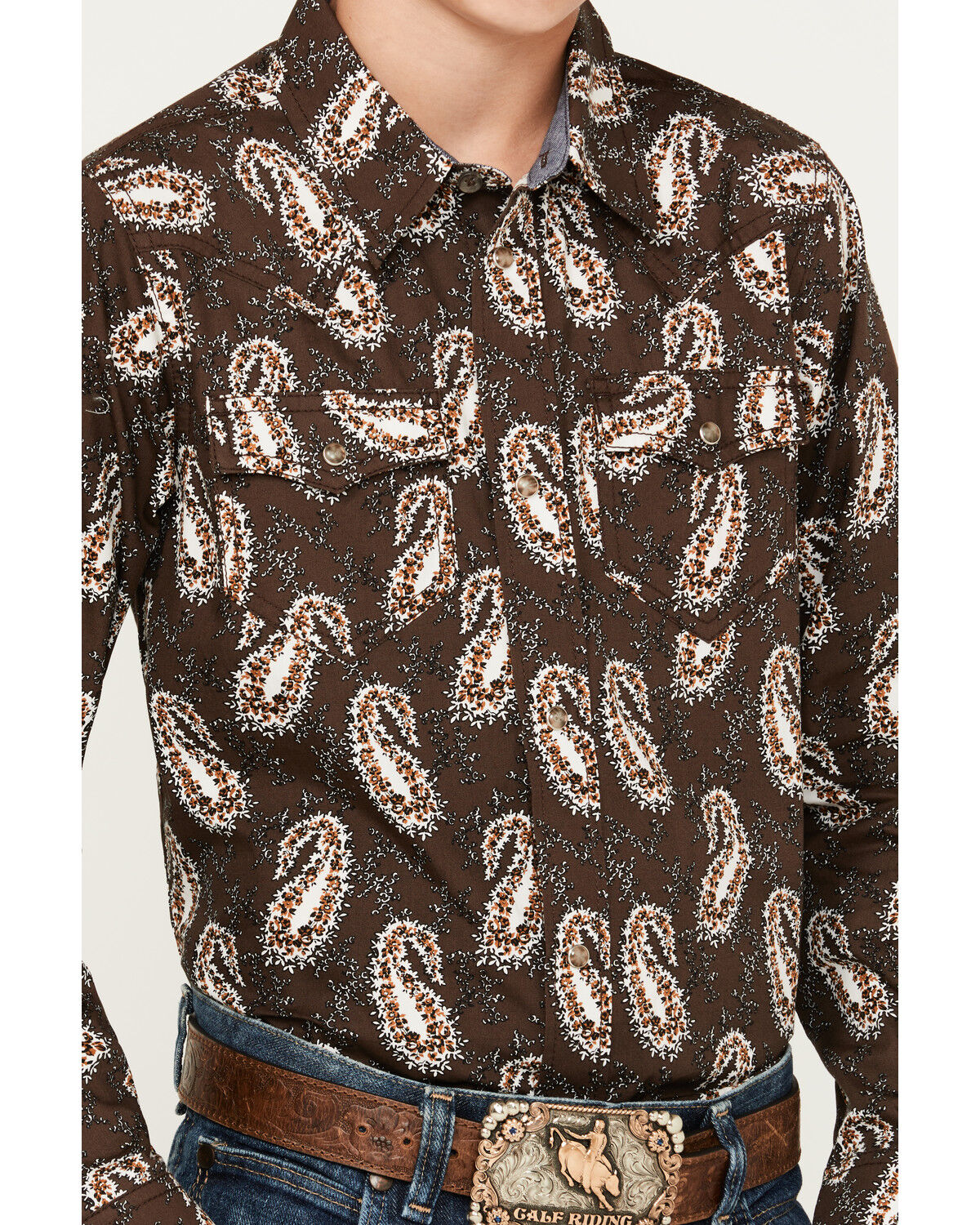 Image #3 - Cody James Boys' Flea Market Paisley Print Long Sleeve Snap Western Shirt, Brown, hi-res