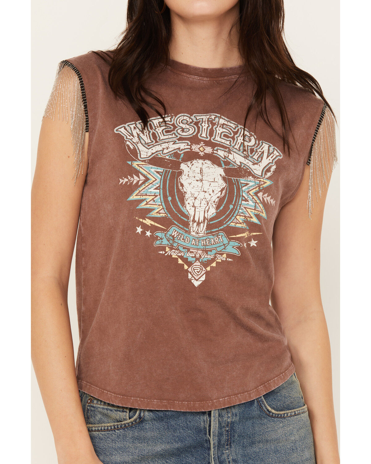 Image #2 - Rock & Roll Denim Women's Chain Fringe Graphic Tank, Brown, hi-res