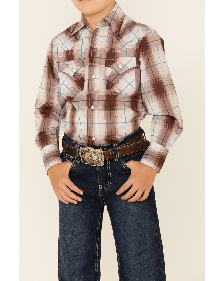 Ely Walker Boys' Beige & Khaki Plaid Long Sleeve Snap Western Shirt , Beige/khaki, hi-res