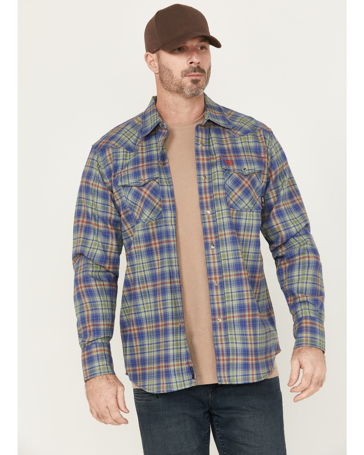 Image #1 - Ariat Men's FR Wilshire Plaid Print Long Sleeve Snap Work Shirt, Green, hi-res
