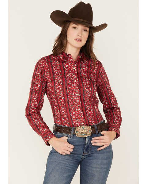 Wrangler Women's Floral Stripe Print Long Sleeve Snap Western Shirt, Red, hi-res