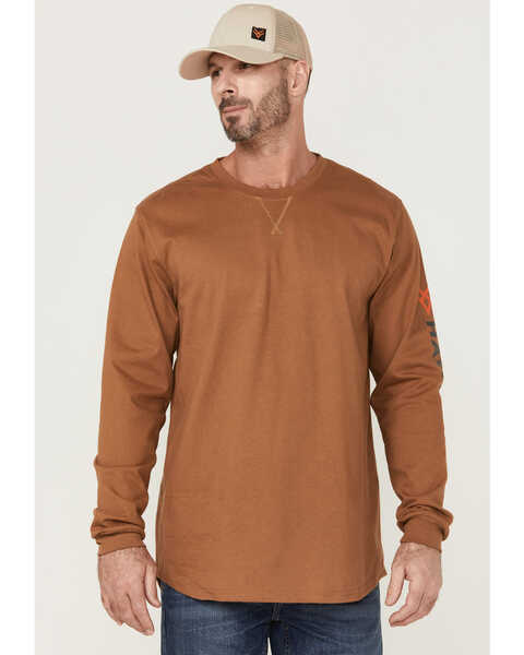 Hawx Men's FR Rust Copper Logo Long Sleeve Work T-Shirt , Russett, hi-res